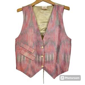 Vintage Linen Vest Pastel Aztec Small Western Button Up 90s Pink Retro